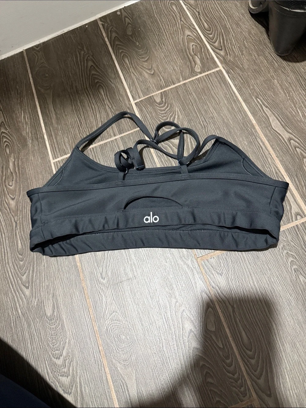 Gray ALO Yoga Black Strappy Sports Bra